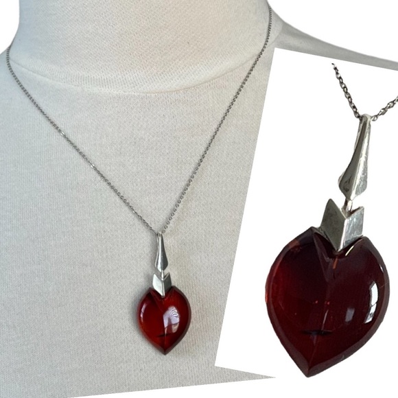 Vintage Baron Heart Necklace on Silver Chain Amber
